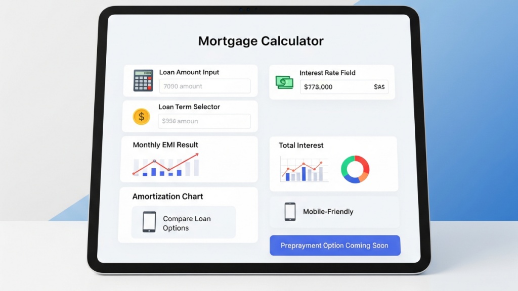 Mortgage calculator tool interface showing loan repayment schedule and EMI breakdown