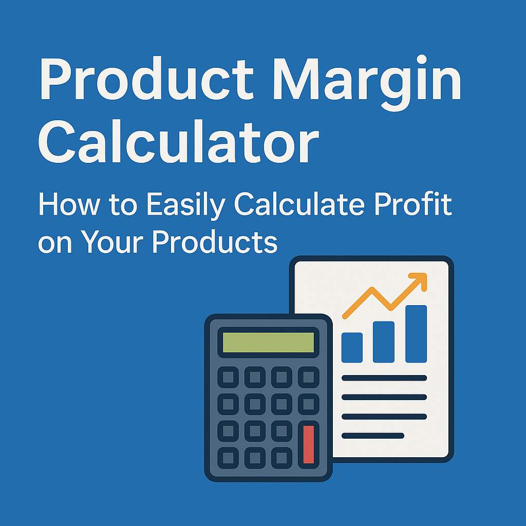 Illustration of a product margin calculator with a financial chart and calculator icon on a blue background