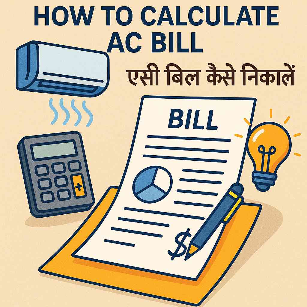 Infographic showing how to calculate AC bill with an air conditioner, calculator, power consumption sheet, and electricity cost breakdown