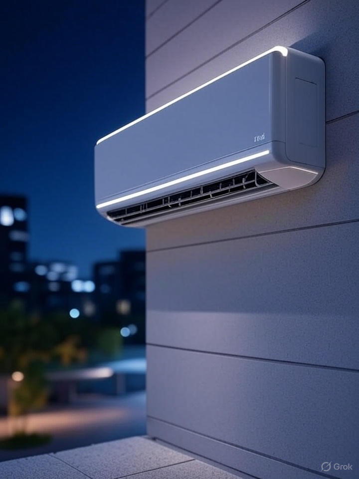 Futuristic AC unit installed on a modern wall, showcasing sleek design and energy-efficient technology, ideal for estimating power consumption with an AC Bill Calculator.